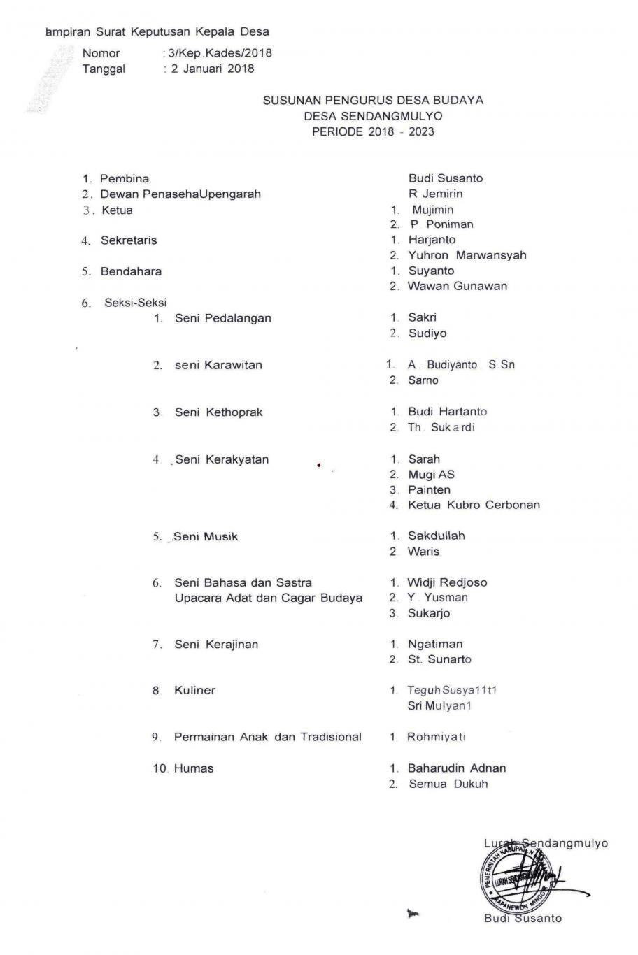 SUSUNAN PENGURUS BUDAYA KALURAHAN SENDANGMULYO