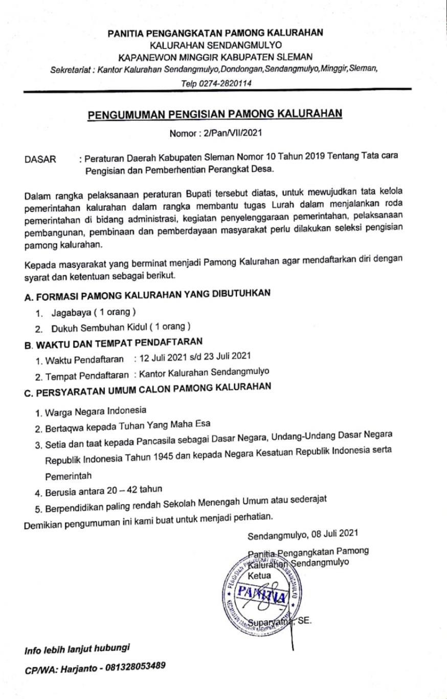 Lowongan Pengisian Pamong Kalurahan Sendangmulyo Tahun 2021